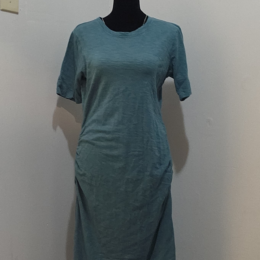 "Mododoc" Short Sleeve Gathered Sideseam Midi Dress in Teal Lagoon